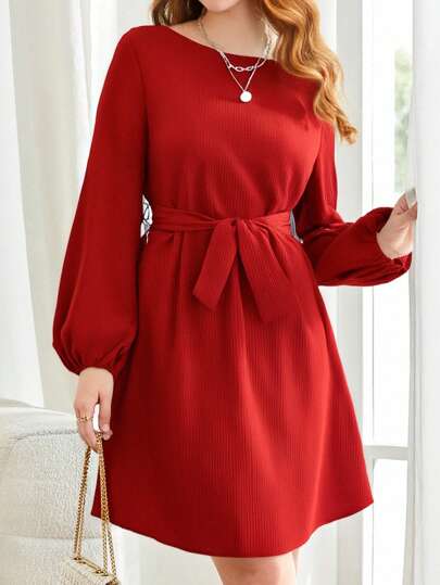 SHEIN Leap Crew 优雅复古纯色圆领连衣裙，适合少女，收腰，灯笼袖，简约百搭