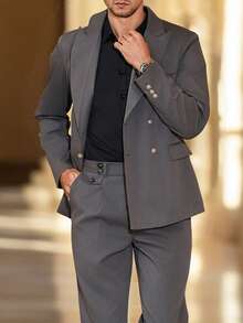 Calvornis 2 Pieces Men Plain Front Button Long Sleeve Pocket Simple Shirt And Pants Suit Set - Light Grey - View 4