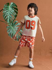 SHEIN Young Boys Casual 2pcs Set: Simple Short Sleeve T-Shirt & Shorts, Fashionable Everyday Wear - Multicolor - View 1