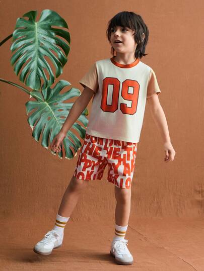 SHEIN Conjunto informal de 2 piezas para niños: Camiseta de manga corta sencilla y pantalones cortos, uso diario de moda