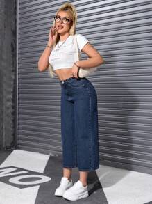 Casual Loose Fit 7/8 Length Straight Leg Jeans - Blue - View 4