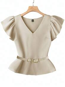 SHEIN Clasi Plus-Size Women's Woven Elegant Regular Summer Shirt - Khaki - View 4