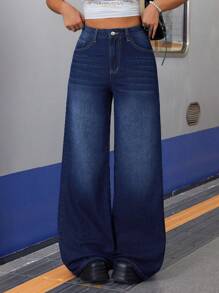 SHEIN Tall Women's Front Button Pocket Simple Casual Wide Leg Washed Denim Jeans - Dark Wash - View 5