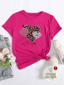 INAWLY Heart & Letter Printed Round Neck T-Shirt Graphic Cheetah Print Tees Women Tops