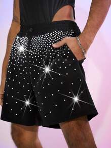 FeverCity Men's Casual Straight Leg Drawstring Shorts With Rhinestone Embellished Pockets - Black - View 1
