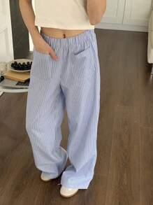 CovetEZ Women's Casual Striped Wide Leg Pants - Blue - View 3