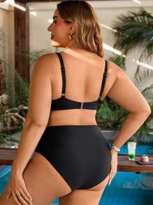 Swim Lushoire 大码女式两件套泳衣比基尼套装，带钢圈支撑，性感镂空肩带设计，成熟纯色简约风格度假，夏日海滩 - 黑色 - 查看 2
