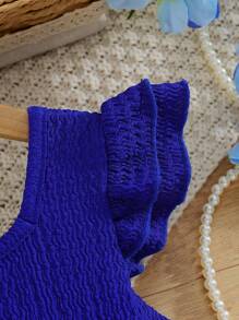 SHEIN Girls Elegant Floral Print Dress, Square Neck Double Layer Cap Sleeve Dress, Textured Fabric Lightweight And Flowy, Suitable For Vacation, Outdoor Party, Spring/Summer - Blue - View 6