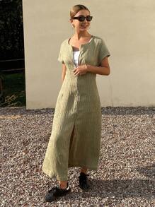 DAZY Women Textured Fabric Solid Color Round Neck Zip Up Long Dress Sundress,Casual Women Dresses,Teacher Outfits - Green - View 7