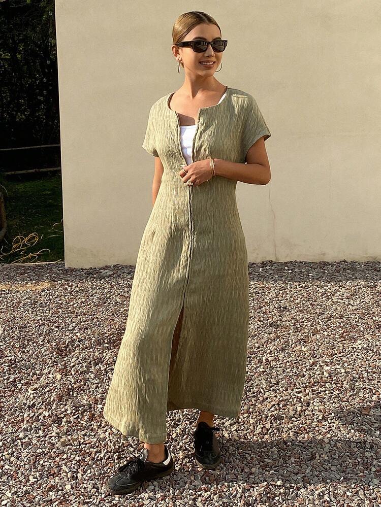 Women Textured Fabric Solid Color Round Neck Zip Up Long Dress Sundress,Casual Women Dresses,Teacher Outfits