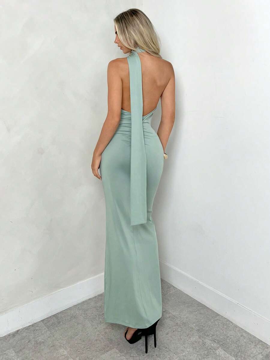 Firerie 大码女式露背纯色超长修身性感吊带连衣裙 - 綠色 - 查看 1