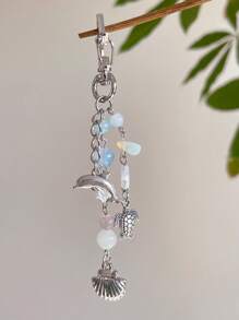 ROMWE Kawaii 1pc Ocean Theme Turtle & Seashell Design Blue Crystal Keychain, Cute & Romantic Holiday Gift - Blue and White - View 3