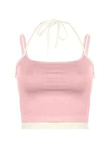 SHEIN Bubbli 女士休闲简约拼色短款吊带背心 - 淺粉色 - 查看 3