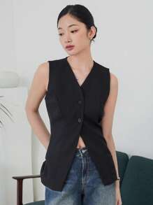 DAZY Chaleco casual sin mangas con botones delanteros para mujer, blazers entallados para mujer