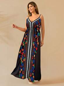 SHEIN Clasi Plus Size Floral Print Patchwork Spaghetti Strap Dress - Multicolor - View 3