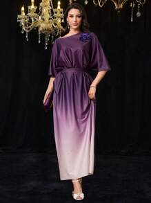 Modelyn Women's Ombre Gradient Oblique Shoulder Short Sleeve Casual Long Dress - Purple - View 7