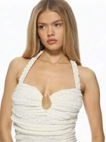 MISSGUIDED Ruched Bodycon Mini Dress With Shell Buckle Detail Halter Neck Party Club Night Out Summer Wedding Guest Evening Dress - White - View 3