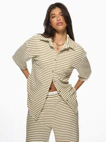 MISSGUIDED Striped Towelling Longline Shirt - Apricot - View 7