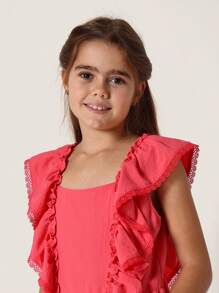 SUMWON Oversized Ruffle Summer Playsuit Flutter Sleeve Square Neck Design Girls Outfit Youth Fashion Breathable Beach Vacation Cute Holiday Dress - Coral Pink - View 4