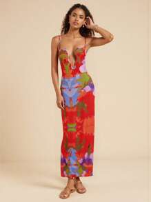 Eva Novielli Designer Multicolor Floral Printed Mesh Spaghetti Straps Deep V Bodycon Maxi Dress, Spring And Summer Sundress, Concert Outfit, Spring Break, Rave, Prom Dress, Brunch Outfits, Tea Party Dress - Multicolor - View 7