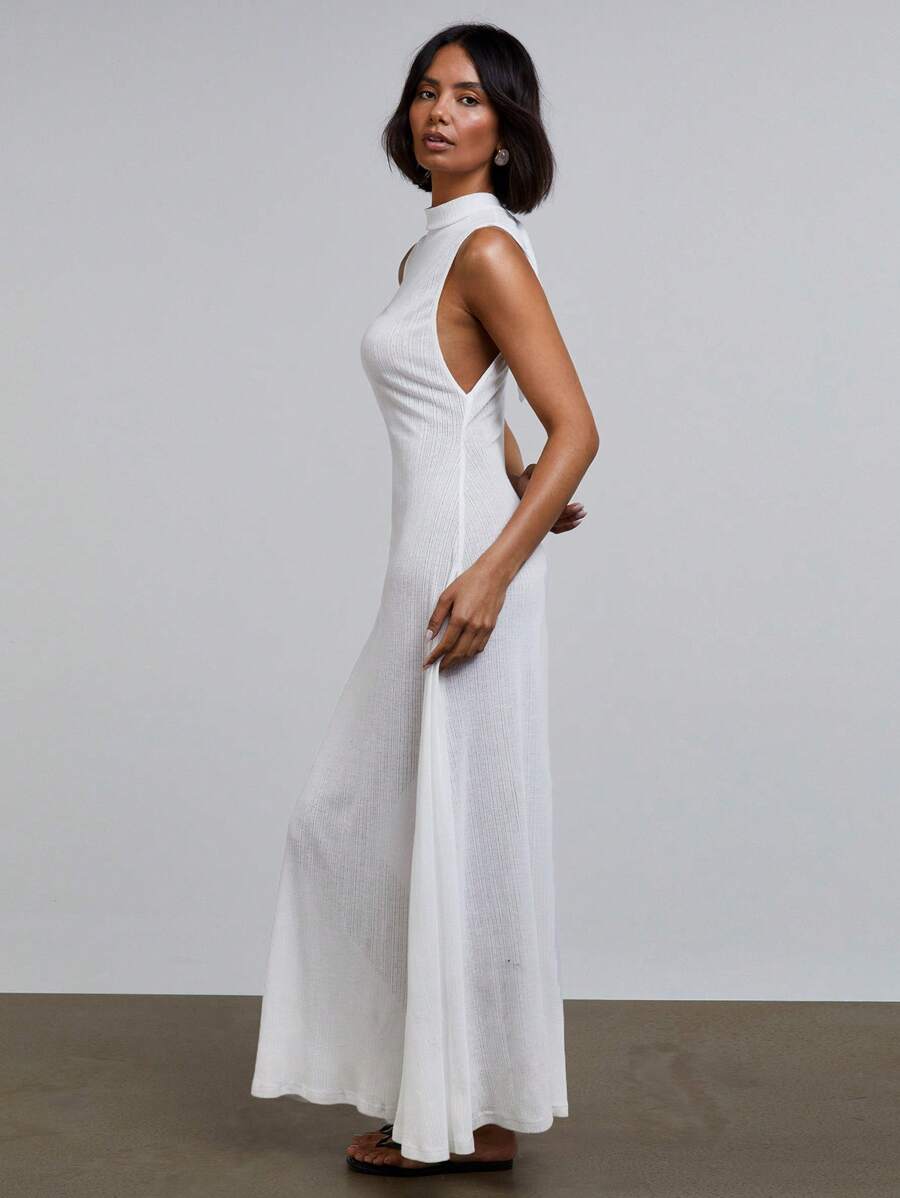 Athîral Women's Flowy White Soft Textured Mermaid Hem Maxi Dress, Old Money Aesthetic