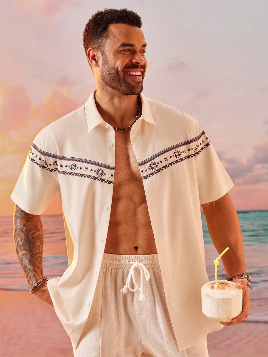 EASEVO Plus Size Men's Street Style Loose Woven Patchwork Short Sleeve Shirt