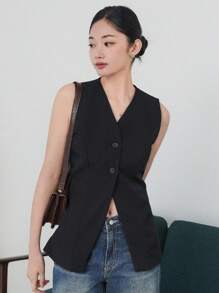 DAZY Chaleco casual sin mangas con botones delanteros para mujer, blazers entallados para mujer