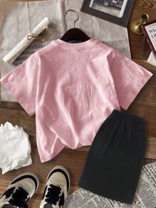 SHEIN Leap Crew 年轻女孩休闲简约短袖短裤两件套，适合夏季 - 彩色 - 查看 2