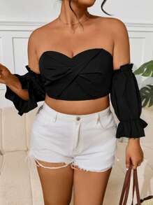 SHEIN VCAY 大码女式露肩短袖扭纹前短款上衣 - 黑色 - 查看 1