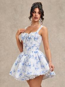 SHEIN BAE 夏季简约优雅纯蓝色碎花修身拉链甜美褶皱女士连衣裙，情人节连衣裙，节日连衣裙，白色连衣裙，婚礼伴娘礼服，生日礼服，返校季毕业季连衣裙 - 彩色 - 查看 7