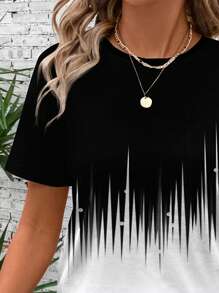 EMERY ROSE Casual Minimalist Black White Ombre Line Print Loose Crew Neck Short Sleeve T-Shirt For Women