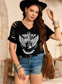 SHEIN LUNE Áo thun tay ngắn hở vai cổ chữ V thiết kế guitar & rock cho lễ hội âm nhạc, kỳ nghỉ hè cỡ lớn - màu đen - Xem 3