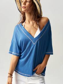 Bohemela 休闲纯色 V 领短袖宽松大码 T 恤