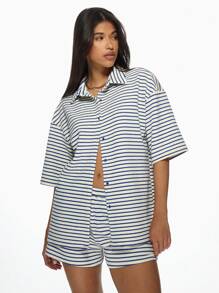 MISSGUIDED Striped Terry Cloth Button Down Oversized Short Sleeve Summer Beach Cover Up Resort Lounge Shirt Towelling Blouse - Blue - View 1