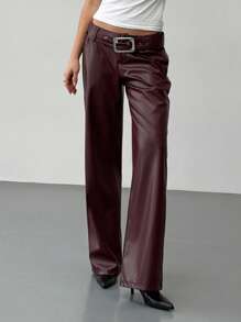 Aloruh Burgundy PU Leather Pocket Waist Straight Leg Pants For Women