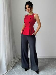 Elenzga Best-Selling Solid Color Fabric Button-Down Fitted Sleeveless Top And Contrast Color Pants 2Pcs Set For Women