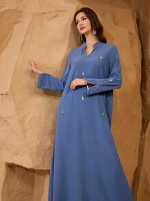 Al Najma 女士传统优雅奢华串珠立领宽松长裙 - 藍色 - 查看 4