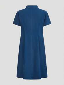Scrubzie Women's Anti-Wrinkle Solid Color Front Button Short Sleeve Casual Long Nursing Dress - Blue - View 2