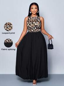 Maweii Women Plus Size Spring Summer Casual Elegant Solid Color Leopard Print Splicing Simple Daily Ruched Waistline Ruffle Hem Lantern Flower Bud HemSleeveless Tank Long Dress - Black - View 1