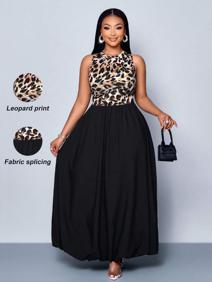 Maweii Women Plus Size Spring Summer Casual Elegant Solid Color Leopard Print Splicing Simple Daily Ruched Waistline Ruffle Hem Lantern Flower Bud HemSleeveless Tank Long Dress - Black - View 1