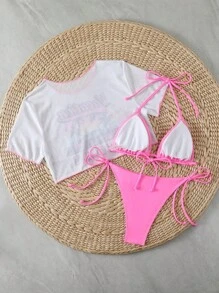 Swim Mod Bikini màu trơn đi biển nghỉ mát + Khăn choàng tay in họa tiết nhiệt đới 2 món Bikini bộ mùa hè - Màu Hồng  Dưa hấu - Xem 2