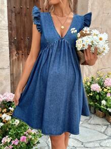 SHEIN 孕妇蓝色牛仔V领荷叶袖连衣裙，适合派对、节日、约会、情人节、下午茶等场合，女士休闲度假宽松无袖迷你蓝色荷叶边牛仔衬衫式A字连衣裙，情人节、夏季/夏季服装/夏季服饰、春季/女士春季服装、女士海滩服装/海滩、女士早午餐服装、春假/春假服装、女士演唱会服装/锐舞节服装/乡村音乐会服装/伊比沙岛服装/纳什维尔服装