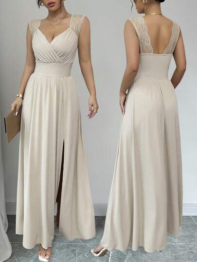 Rafferiza Vestido caqui de corte evasé con cuello en V, encaje en el borde, cintura fruncida, sin mangas y abertura, con estilo francés elegante, adecuado para uso diario, fiesta, boda, primavera/verano