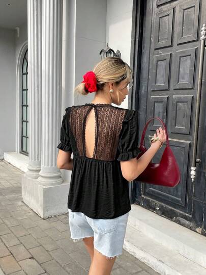 Chiquease 女士蕾丝边纯色休闲衬衫短袖