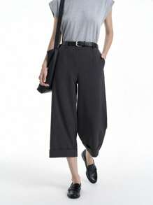 SHEIN Clasi 高档休闲卷边阔腿中长裤春夏 - 灰色 - 查看 7