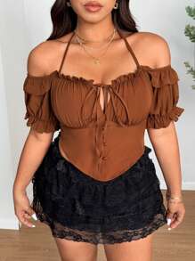 SHEIN LUNE Plus-Size Women's Bow V-Neck Sexy One-Shoulder New Year Top - Brown - View 1