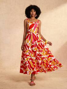 Slaydiva Nuevo vestido largo de verano y primavera informal de vacaciones con estampado de planta y multicapa - Blanco - Ver 6