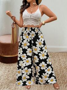 Breezaya 大码女式花卉印花松紧腰休闲阔腿裤 - 黑色 - 查看 5