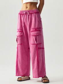 Bohemela Plus Size Solid Color Knitted Loose Cargo Pants,Vintage - Hot Pink - View 5