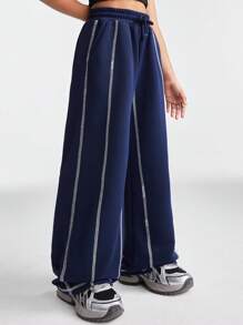 SHEIN Tween Girls Spring/Summer Sportswear Game Day Contrast Piping Graphics Wide Leg Sweatpants - Navy Blue - View 3